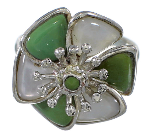 Turquoise Mother Of Pearl Flower Southwestern Genuine Sterling Silver Ring Size 6-3/4 QX75806
